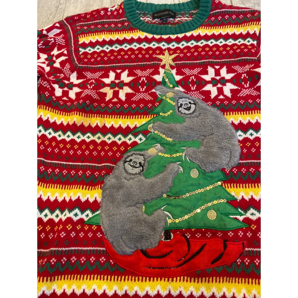 Blizzard Bay Mens Sloth Ugly Christmas Sweater Red Fair Isle Sequin Tree Medium